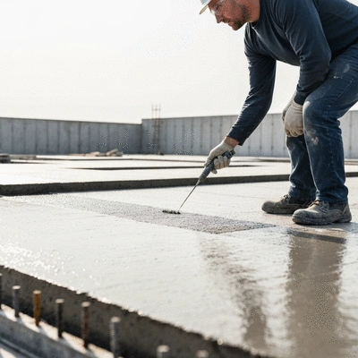 User applying waterproofing chemicals on a construction site