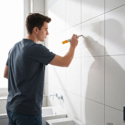 User applying waterproofing in a bathroom