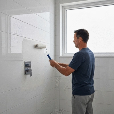 User applying waterproofing membrane in a shower