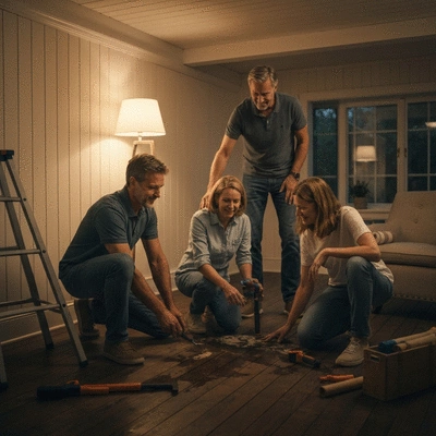 Lifestyle shot of a family inspecting their home for waterproofing issues