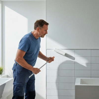 User applying waterproofing solution in a bathroom