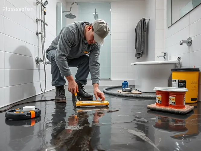 Professional waterproofing technician applying membrane to a bathroom floor